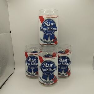 Pabst Blue Ribbon Set of 4 CAN SHAPED 12 oz. Beer Glasses -5.25" Tall